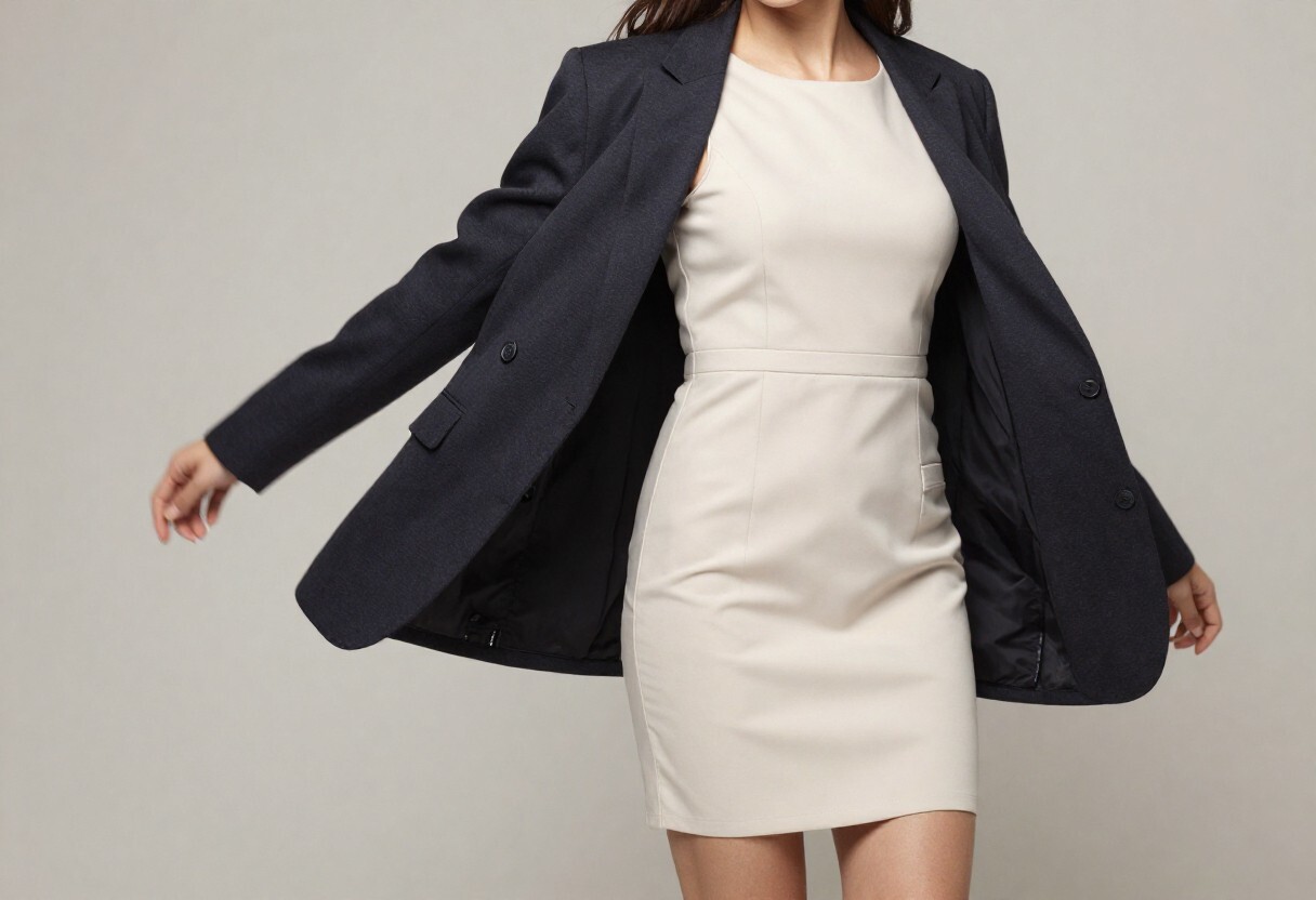 A tailored blazer being layered over a simple dress to add structure